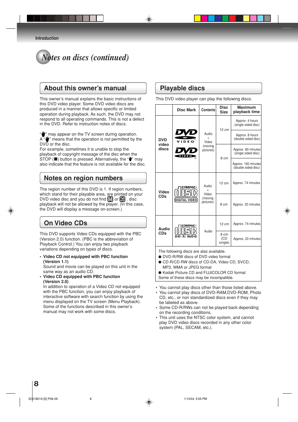 About this owner’s manual, On video cds, Playable discs | Toshiba SD-3860SC User Manual | Page 8 / 44