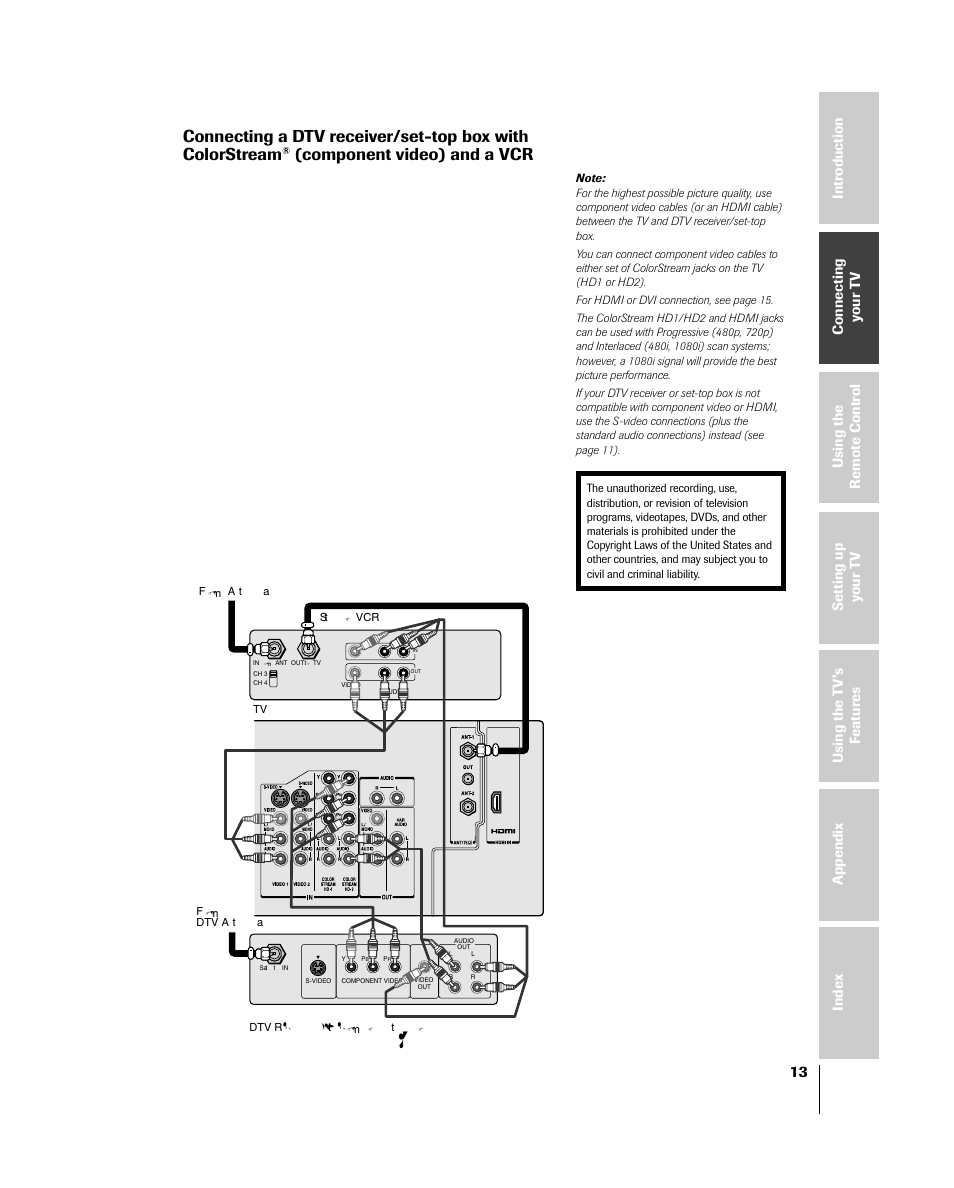 Stb with component & vcr, Component video) and a vcr | Toshiba 46HM84 User Manual | Page 13 / 71