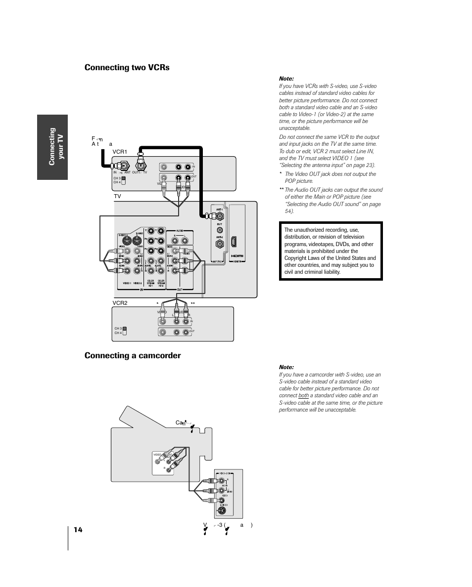 Two vcrs, Camcorder, Connecting two vcrs | Connecting a camcorder | Toshiba 46HM84 User Manual | Page 14 / 71