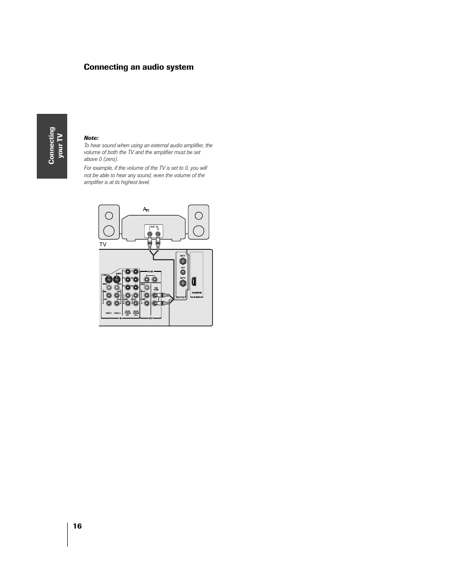 Audio output, Connecting an audio system | Toshiba 46HM84 User Manual | Page 16 / 71