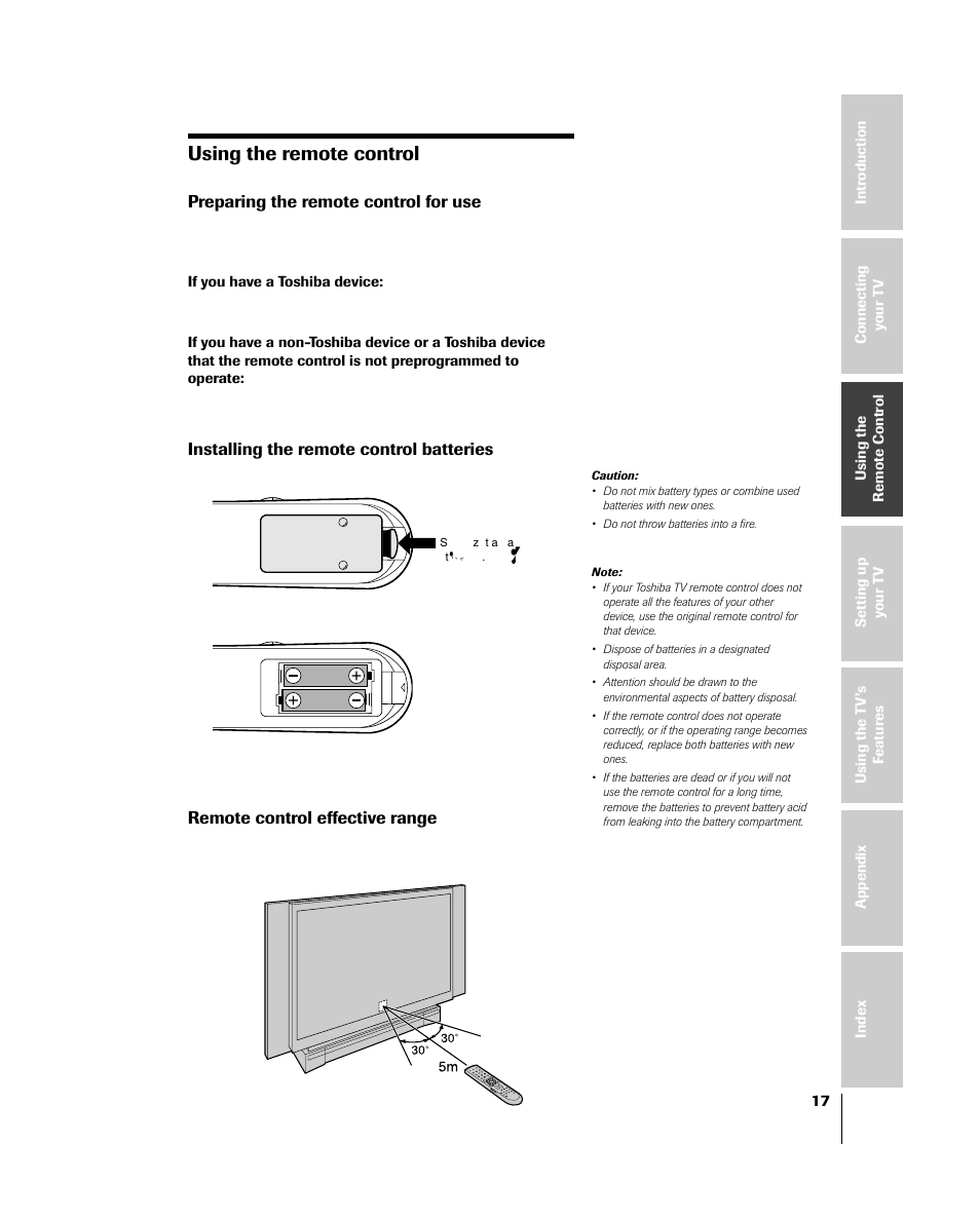 Remote control, Inserting batteries, Using the remote control | Preparing the remote control for use, Installing the remote control batteries, Remote control effective range | Toshiba 46HM84 User Manual | Page 17 / 71