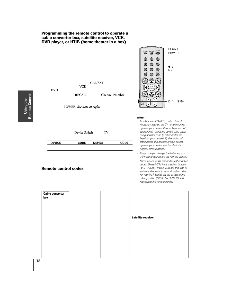 Programming the remote, Code list, Remote control codes | Cable converter box, Satellite receiver | Toshiba 46HM84 User Manual | Page 18 / 71