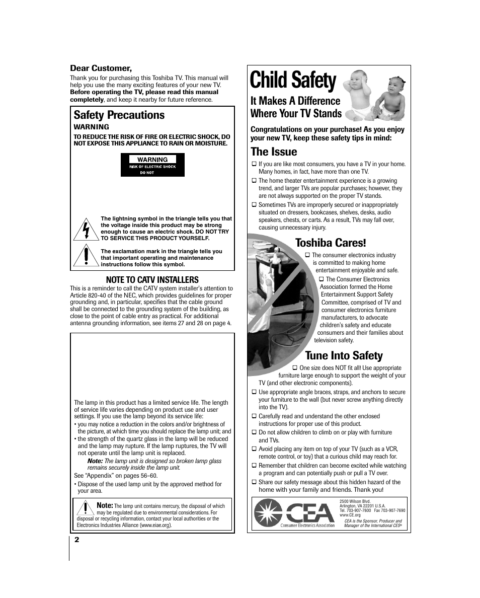 Child safety, It makes a difference where your tv stands, The issue | Toshiba cares, Tune into safety, Safety precautions | Toshiba 46HM84 User Manual | Page 2 / 71