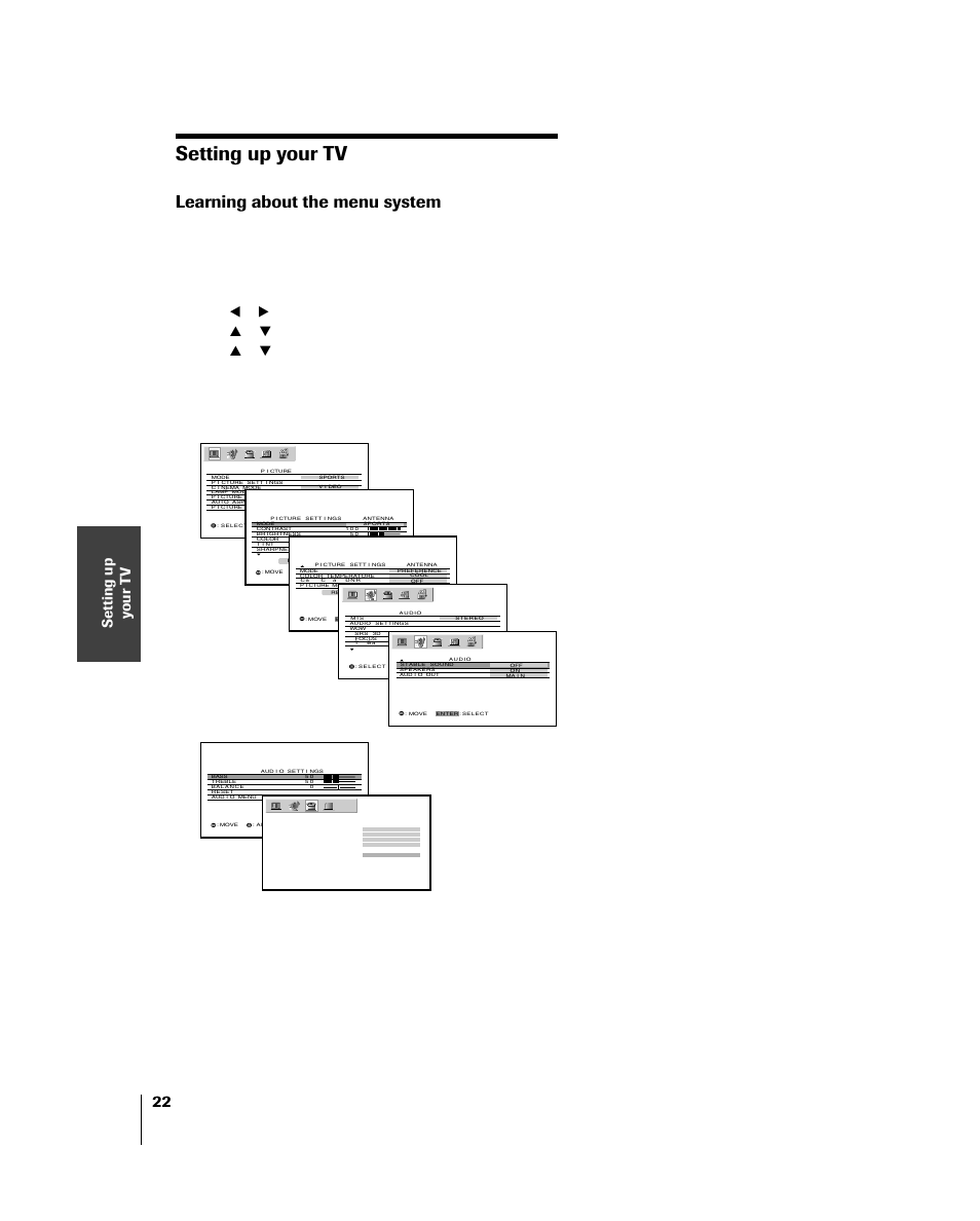 Tv setup, Menu system, Setting up your tv | Learning about the menu system | Toshiba 46HM84 User Manual | Page 22 / 71