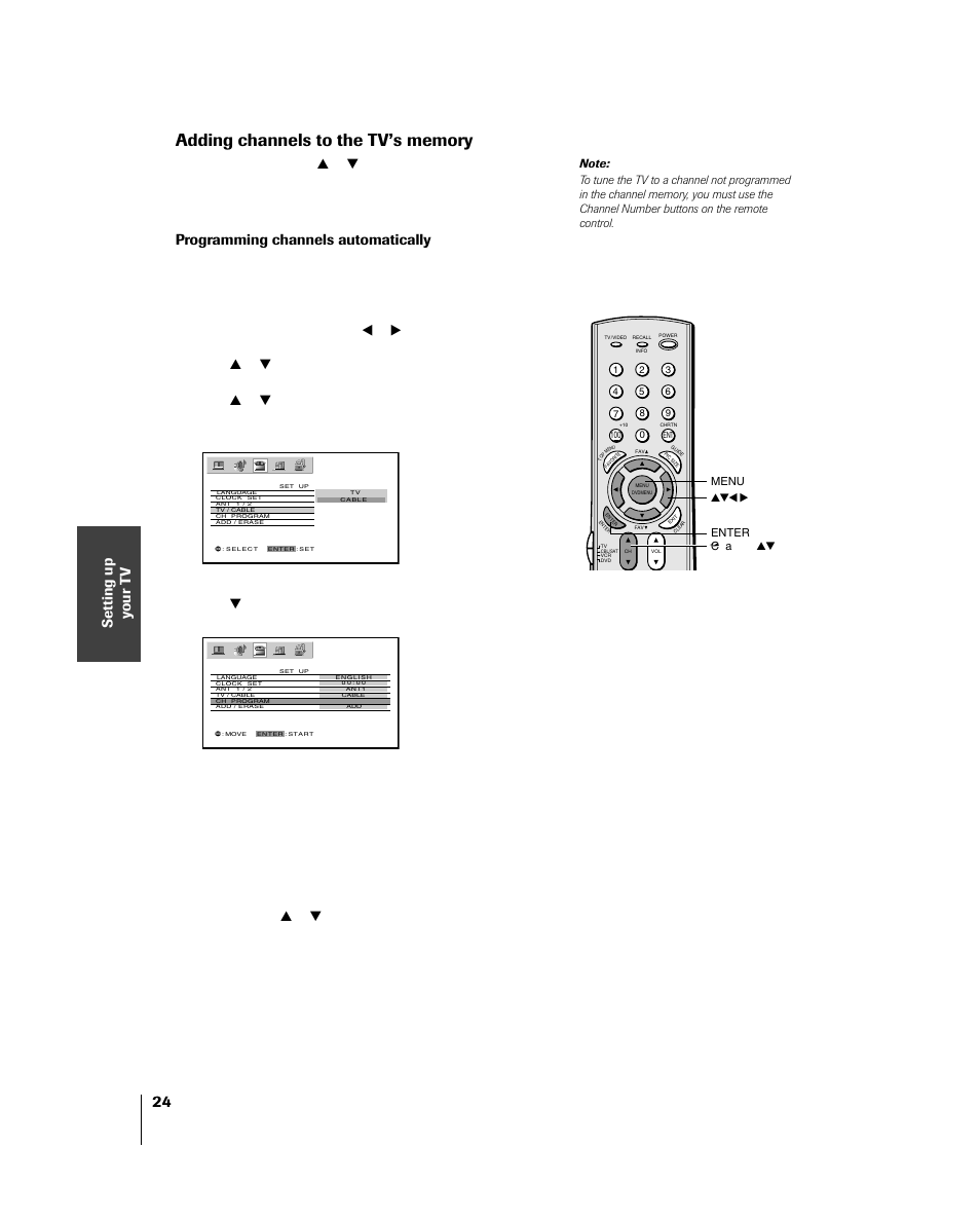 Adding channels to the tvs memory, Programming channels automatically, Press enter. 5. press z to select ch program | Toshiba 46HM84 User Manual | Page 24 / 71