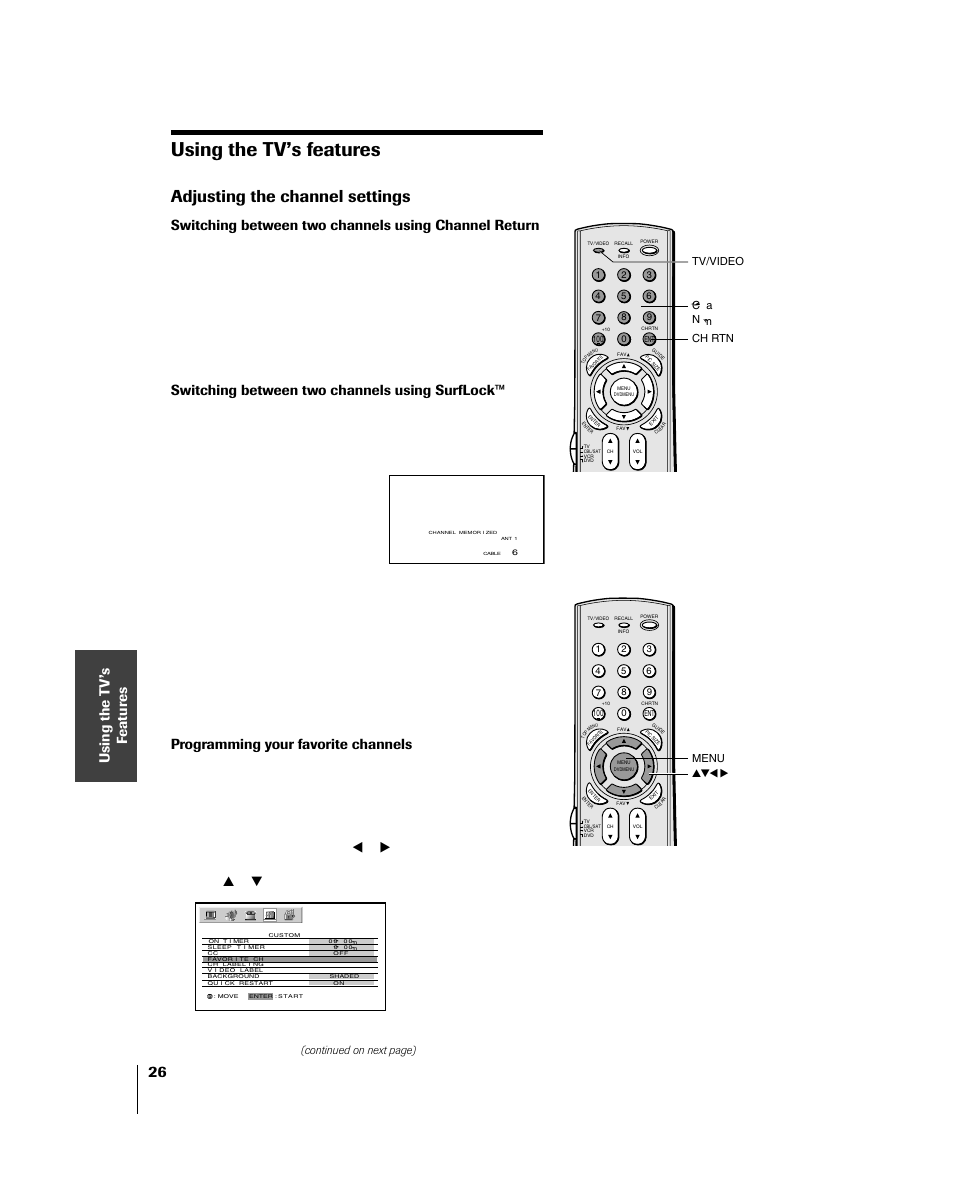 Tv operation, Channel settings, Using the tv’s features | Adjusting the channel settings, Switching between two channels using surflock, Programming your favorite channels | Toshiba 46HM84 User Manual | Page 26 / 71