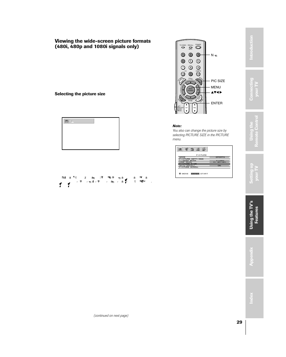 Viewing the wide-screen picture formats, Selecting the picture size | Toshiba 46HM84 User Manual | Page 29 / 71