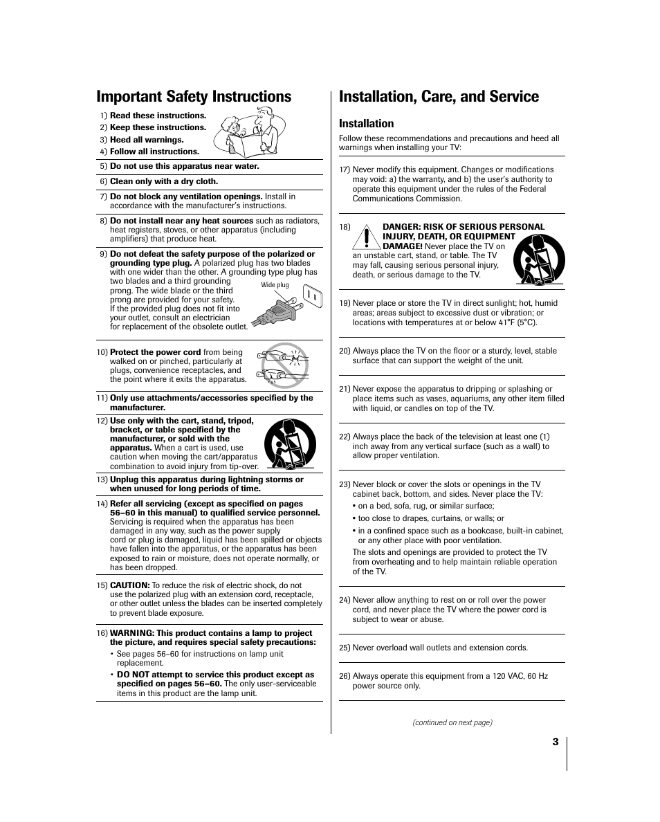 Installation, care, and service, Important safety instructions, Installation | Toshiba 46HM84 User Manual | Page 3 / 71