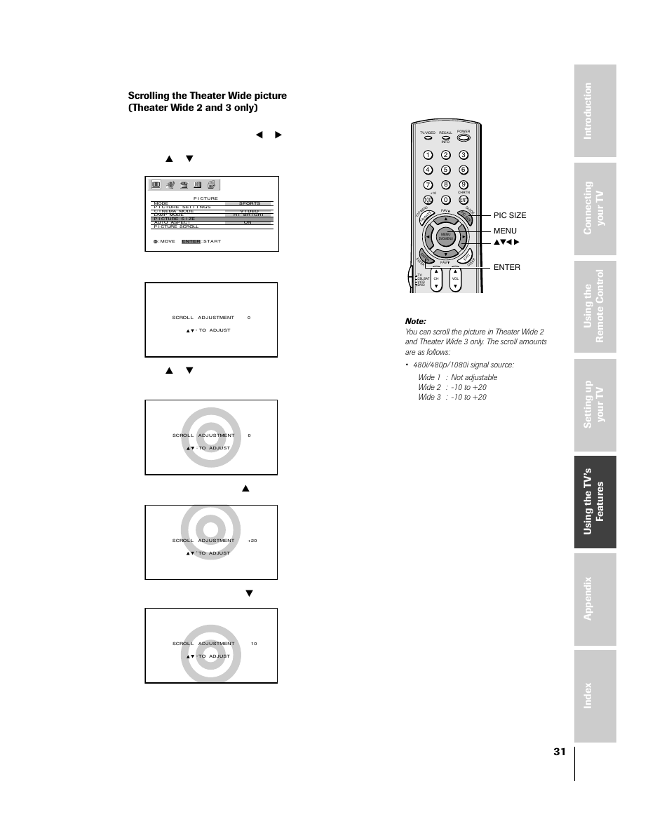 Press enter to display the scroll adjustment mode | Toshiba 46HM84 User Manual | Page 31 / 71