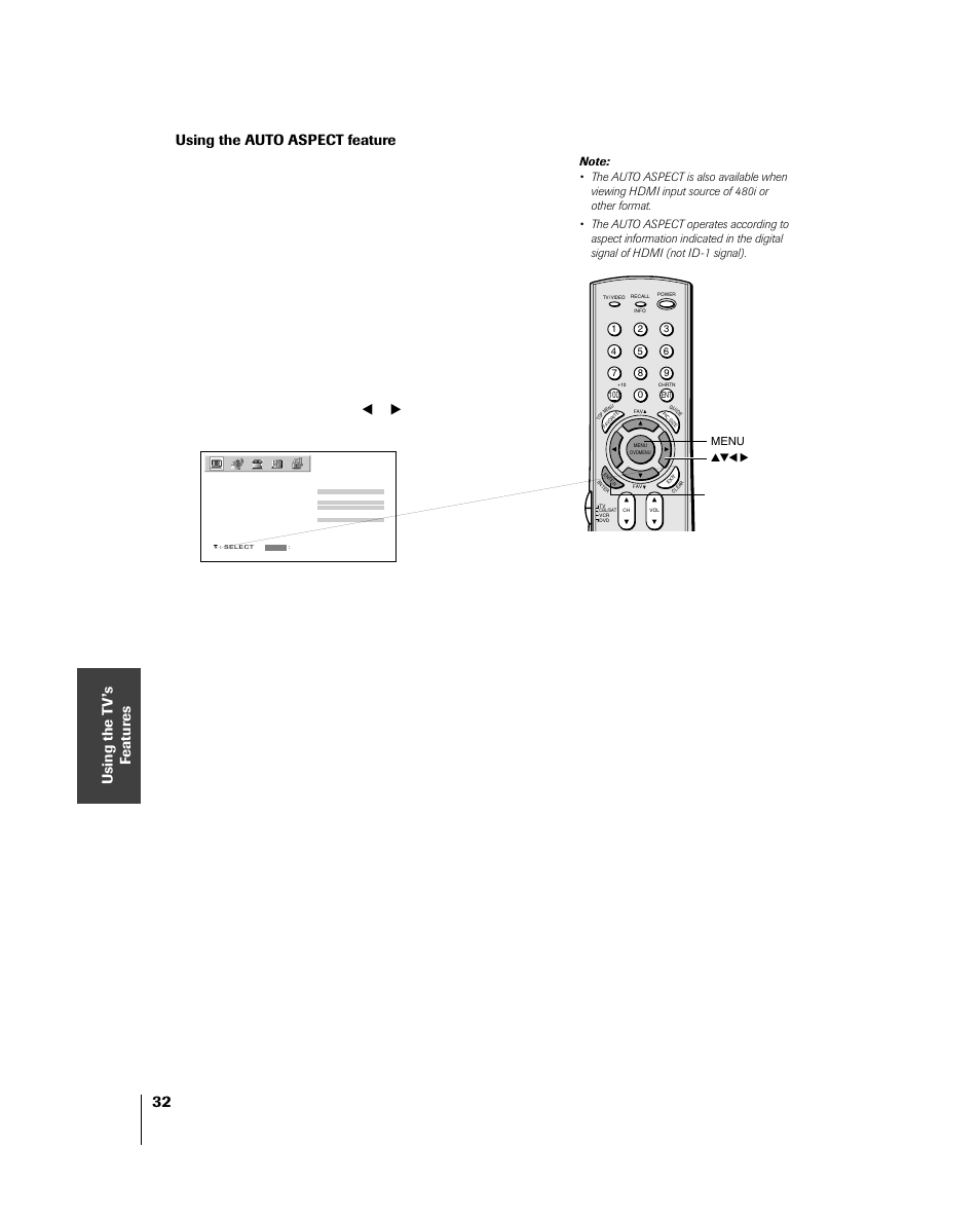 Using the auto aspect feature | Toshiba 46HM84 User Manual | Page 32 / 71