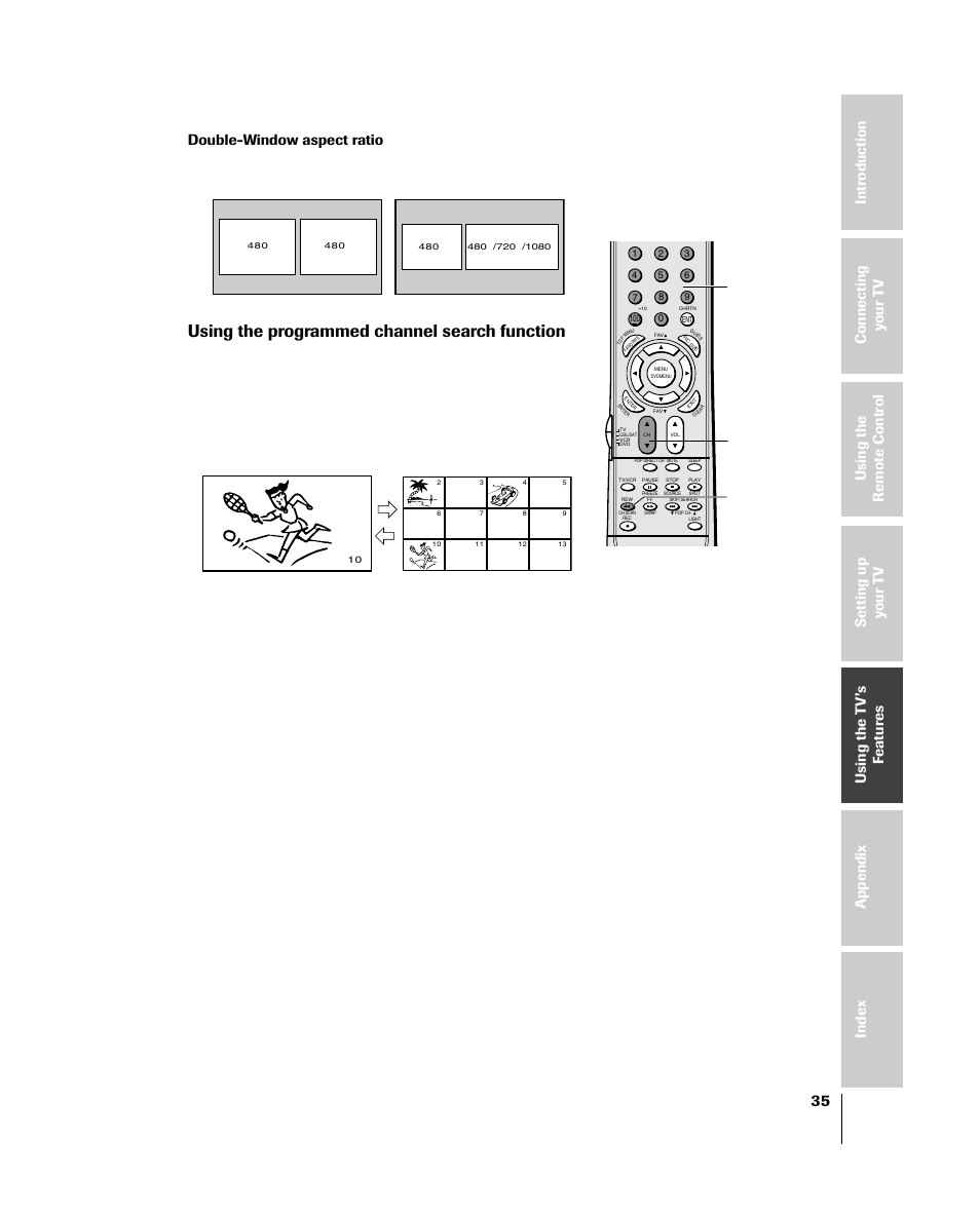 Using the programmed channel search function, Double-window aspect ratio | Toshiba 46HM84 User Manual | Page 35 / 71