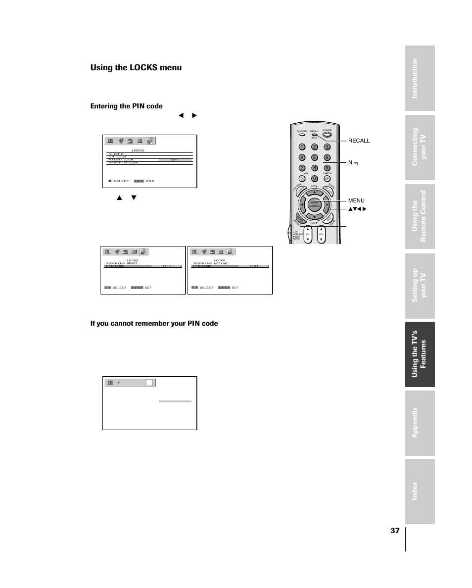 Using the locks menu, Using the v-chip menu, Entering the pin code | If you cannot remember your pin code, Press y or z to display the pin code entering mode | Toshiba 46HM84 User Manual | Page 37 / 71