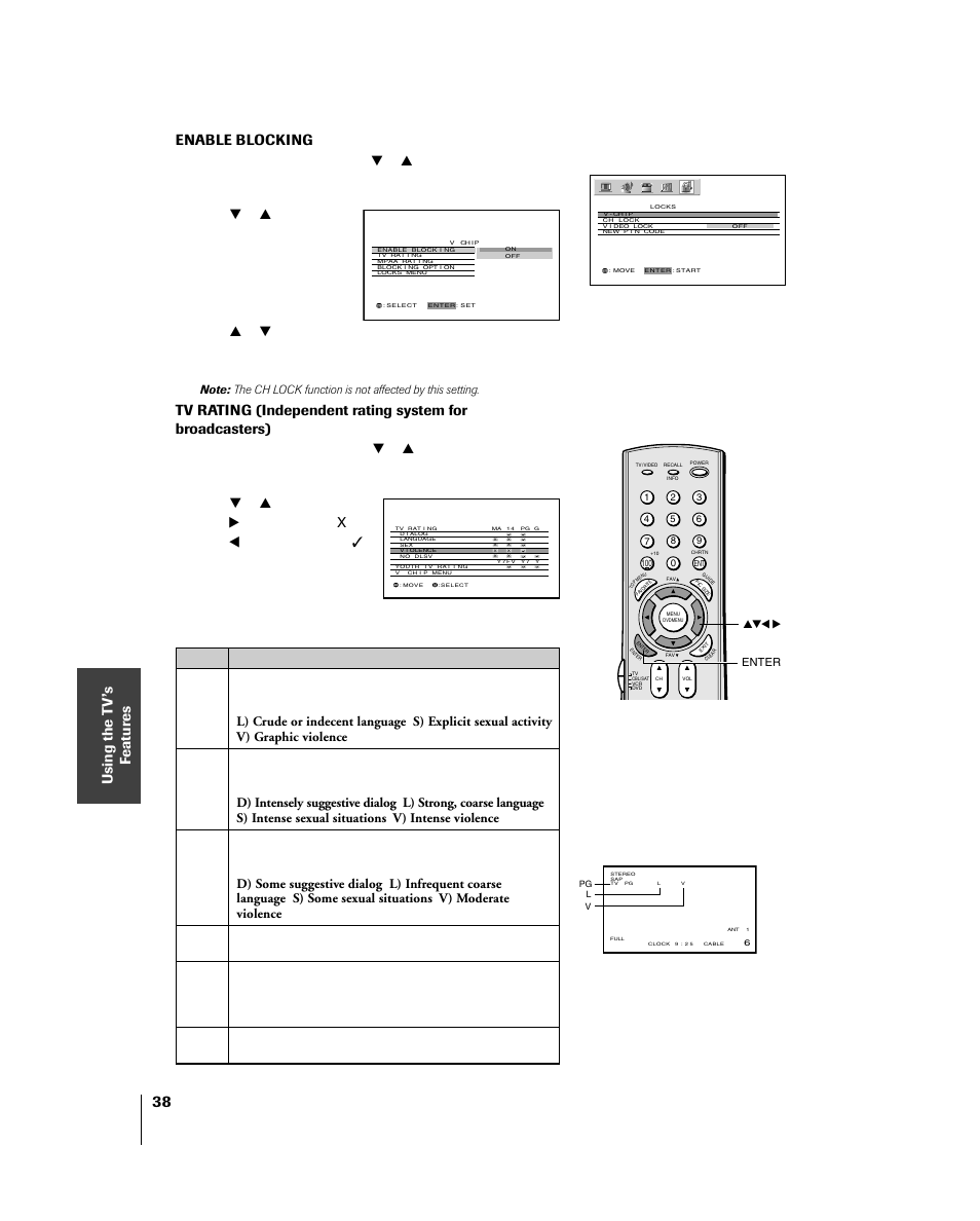 Enable blocking, Locks menu | Toshiba 46HM84 User Manual | Page 38 / 71