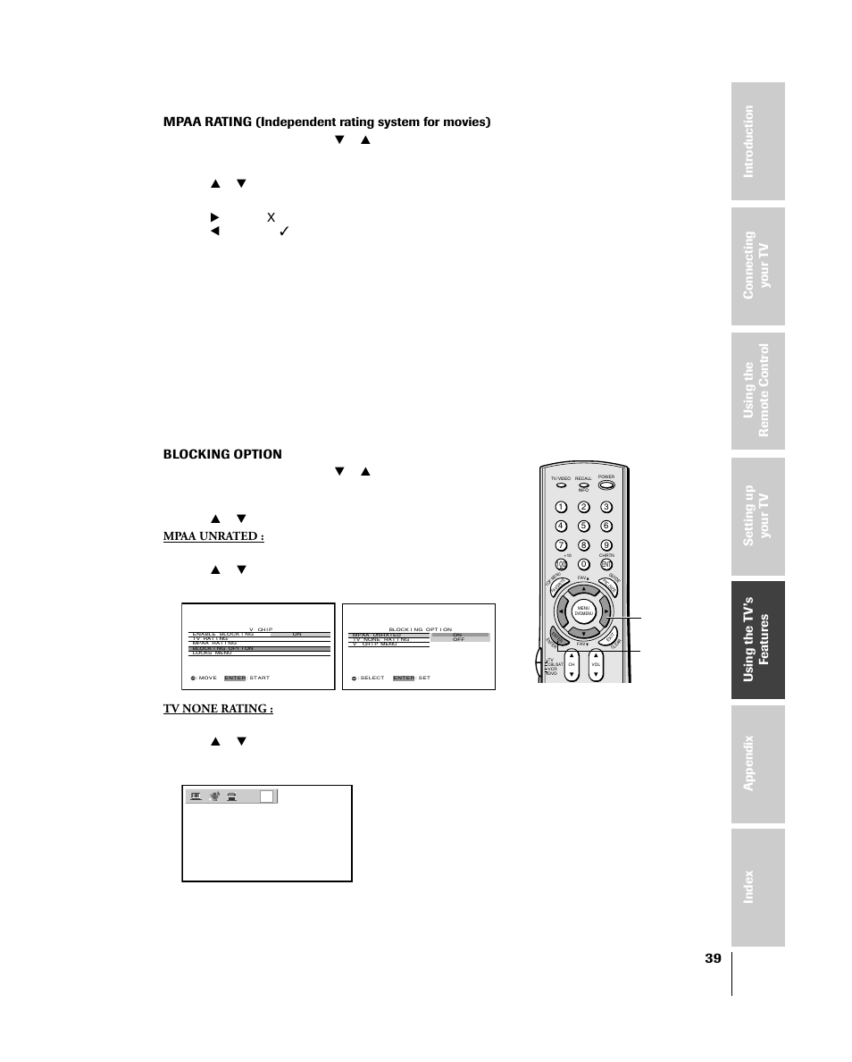 Mpaa rating (independent rating system for movies), Blocking option | Toshiba 46HM84 User Manual | Page 39 / 71