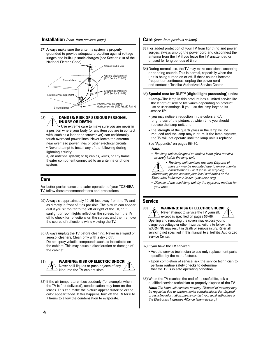 Installation, Care, Service | Toshiba 46HM84 User Manual | Page 4 / 71