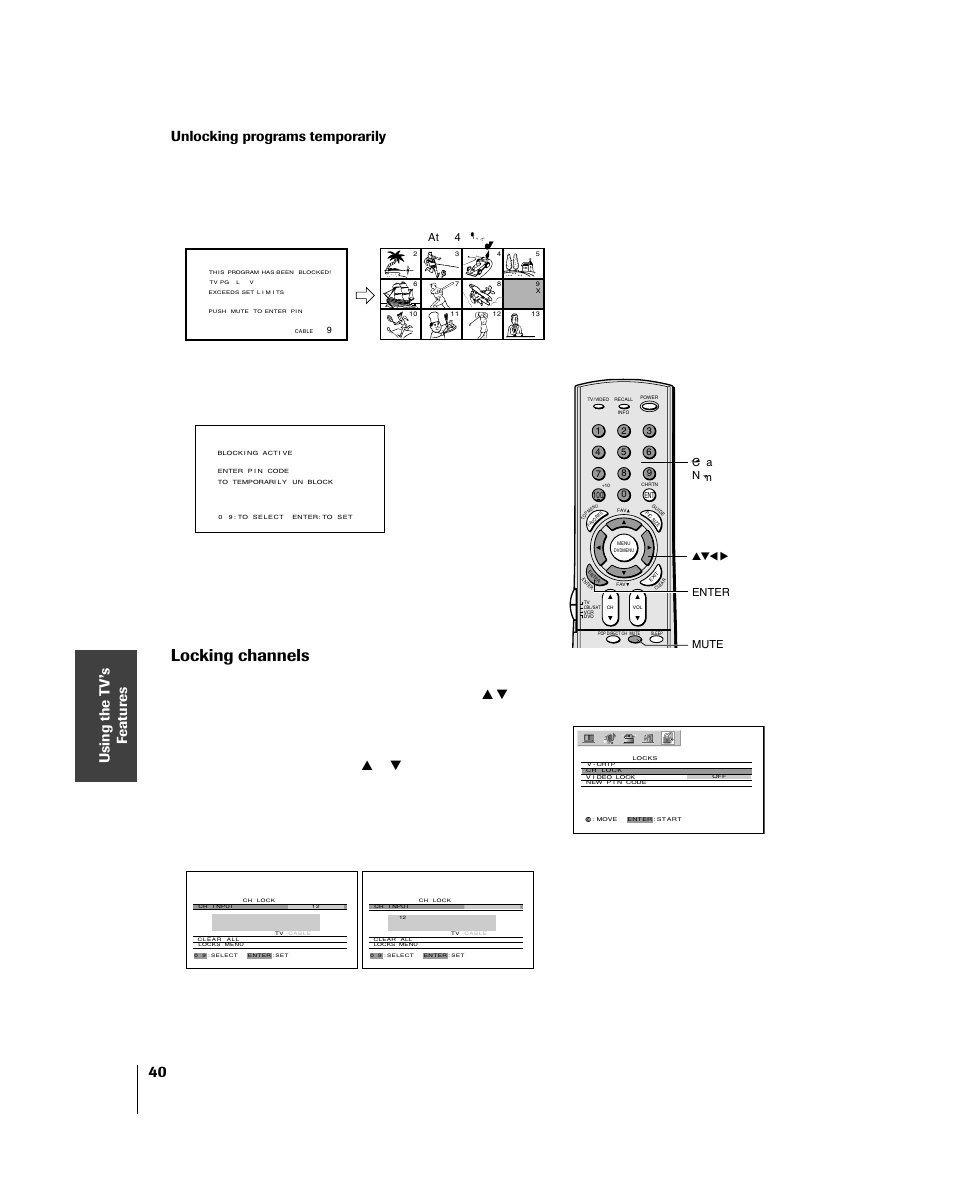 Locking channels, Unlocking programs temporarily, Repeat steps 2 and 3 for other channels | Locks menu, Enter yzx • mute after 4 seconds channel number | Toshiba 46HM84 User Manual | Page 40 / 71