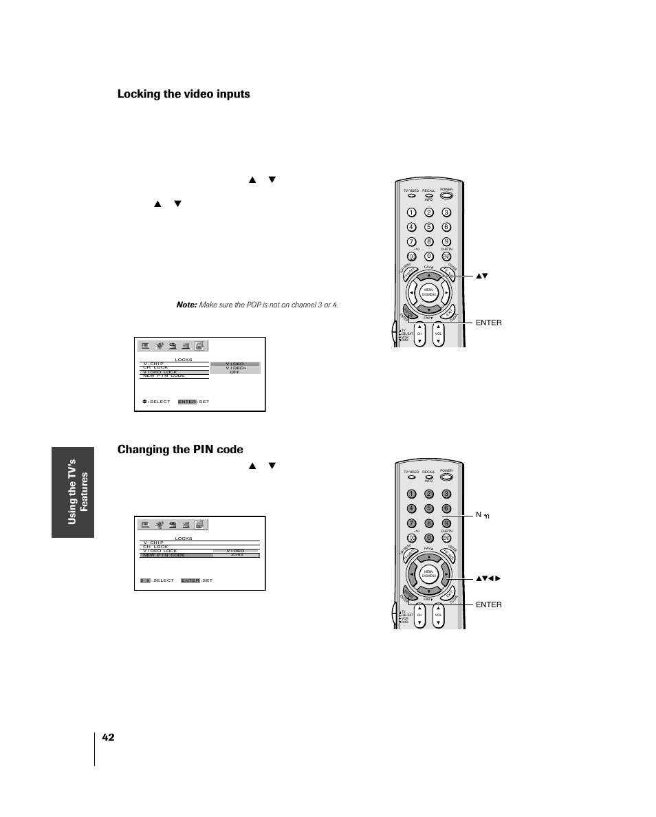 Locking the video inputs, Changing the pin code, Off : unlocks all video input sources | Press enter, Press enter. the new pin code is now active, Yzx • enter number, Yz enter | Toshiba 46HM84 User Manual | Page 42 / 71