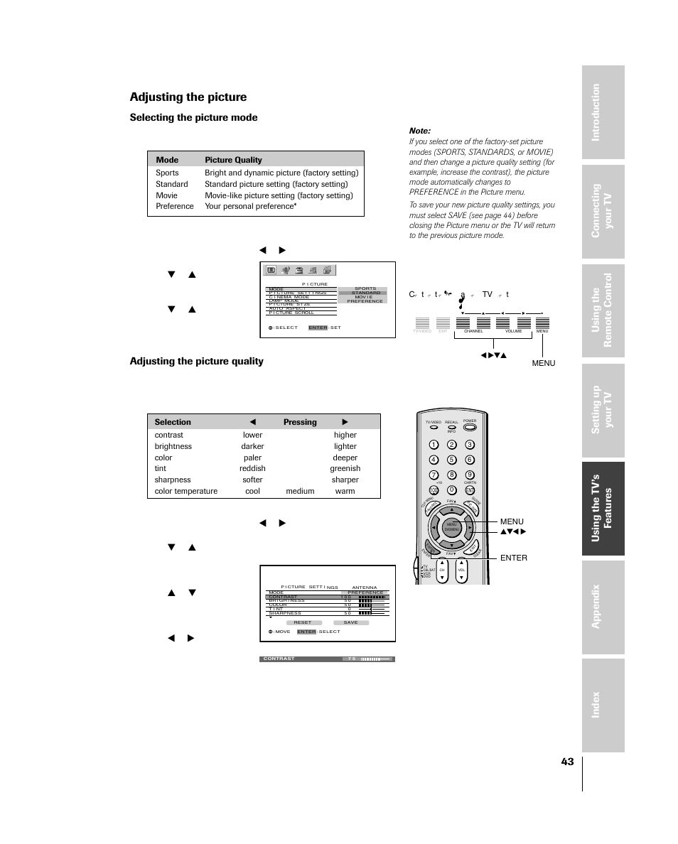 Adjusting the picture, Selecting the picture mode, Adjusting the picture quality | Toshiba 46HM84 User Manual | Page 43 / 71