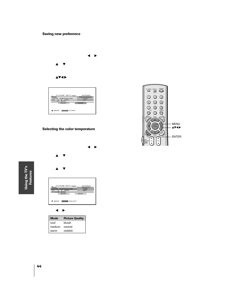 Saving new preference, Selecting the color temperature, Press x or • to select the mode you prefer | Toshiba 46HM84 User Manual | Page 44 / 71