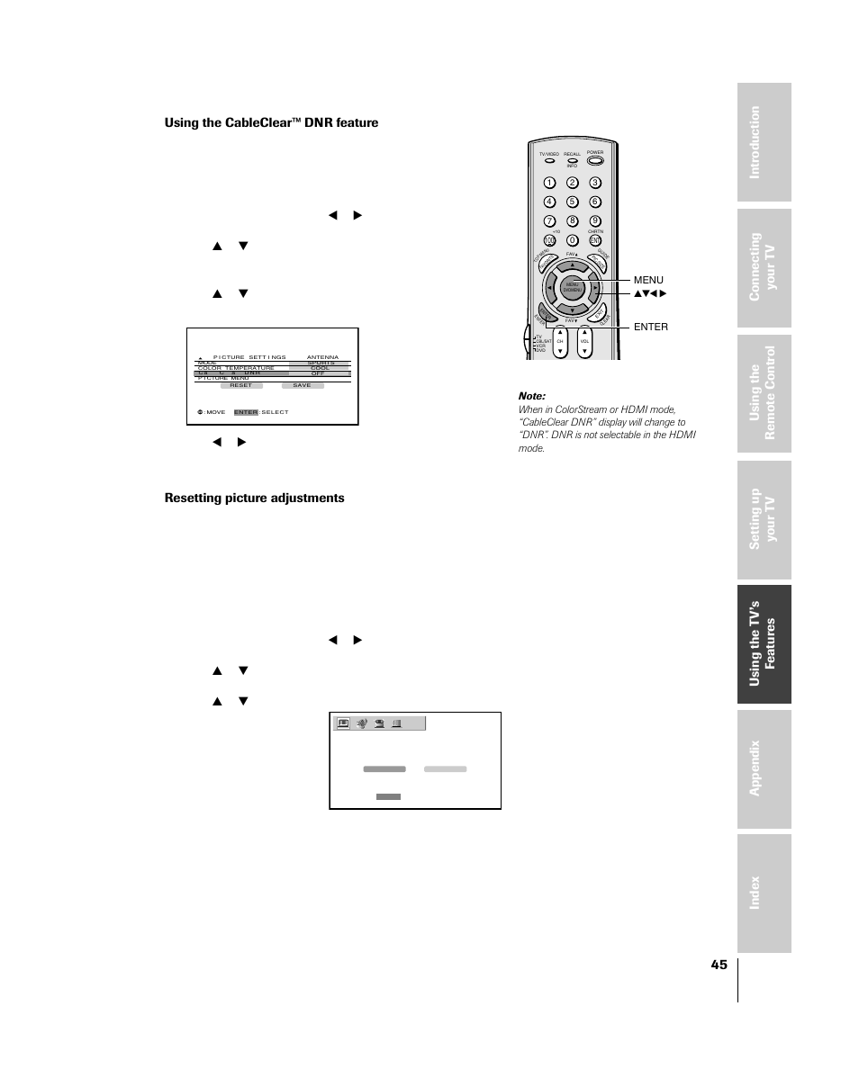 Using the cableclear™ dnr feature, Resetting picture adjustments | Toshiba 46HM84 User Manual | Page 45 / 71