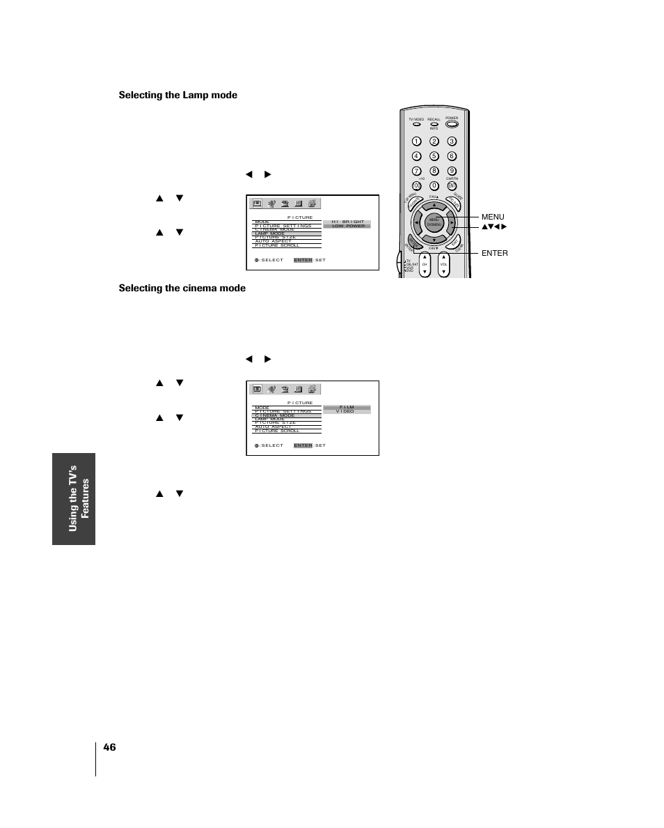 Selecting the lamp mode, Selecting the cinema mode | Toshiba 46HM84 User Manual | Page 46 / 71