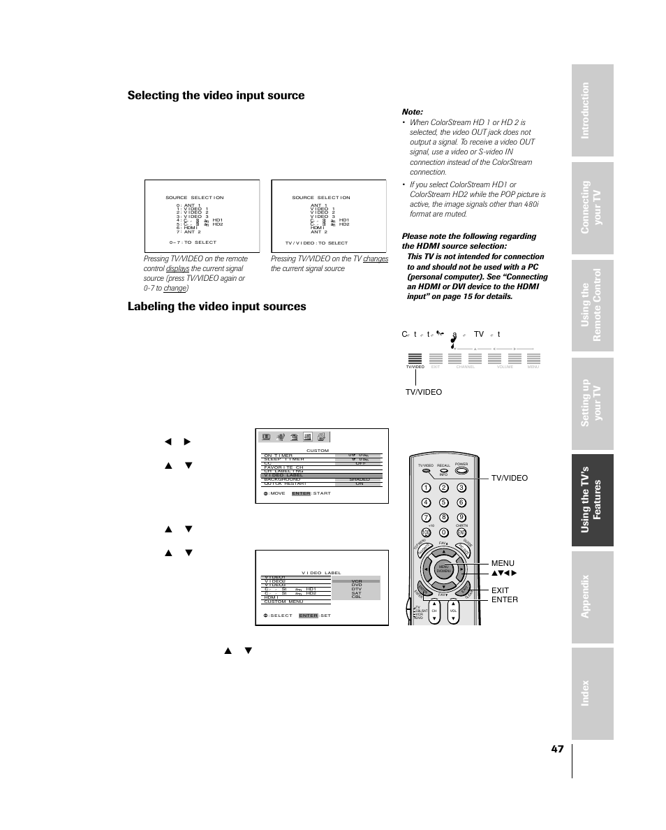 Selecting the video input, Selecting the video input source, Labeling the video inputs | Labeling the video input sources, Control touchpad on tv front | Toshiba 46HM84 User Manual | Page 47 / 71