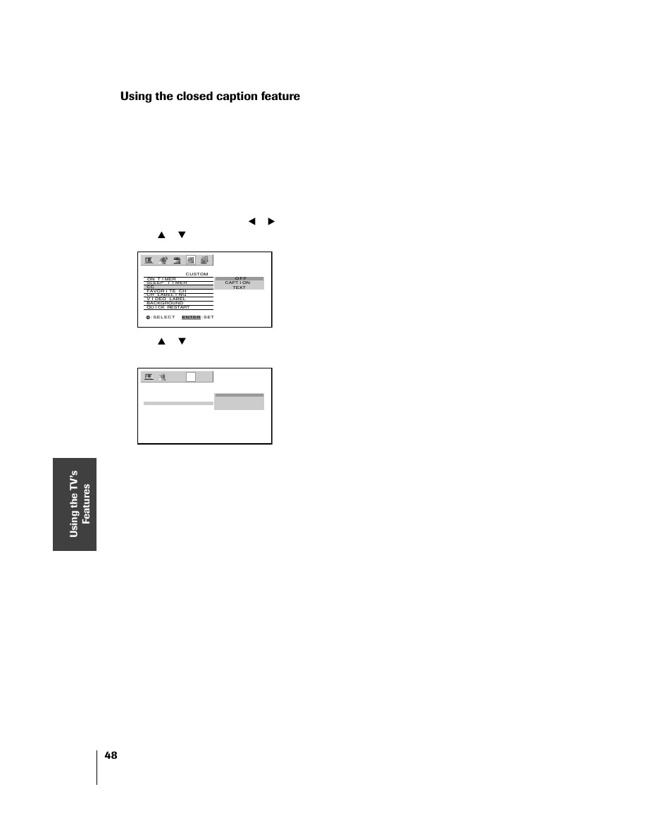 Closed caption, Using the closed caption feature | Toshiba 46HM84 User Manual | Page 48 / 71