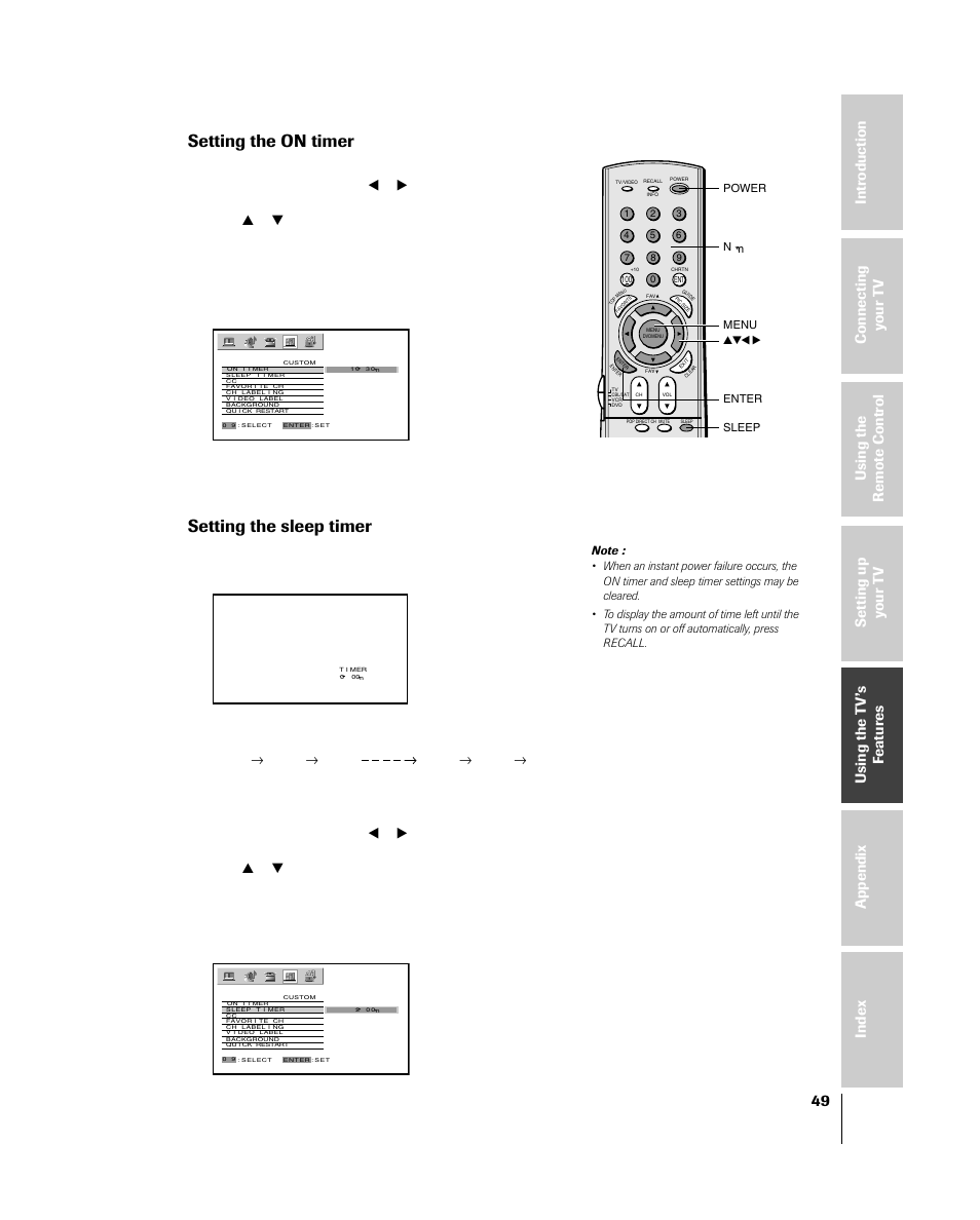 Setting the on timer, Setting the sleep timer | Toshiba 46HM84 User Manual | Page 49 / 71