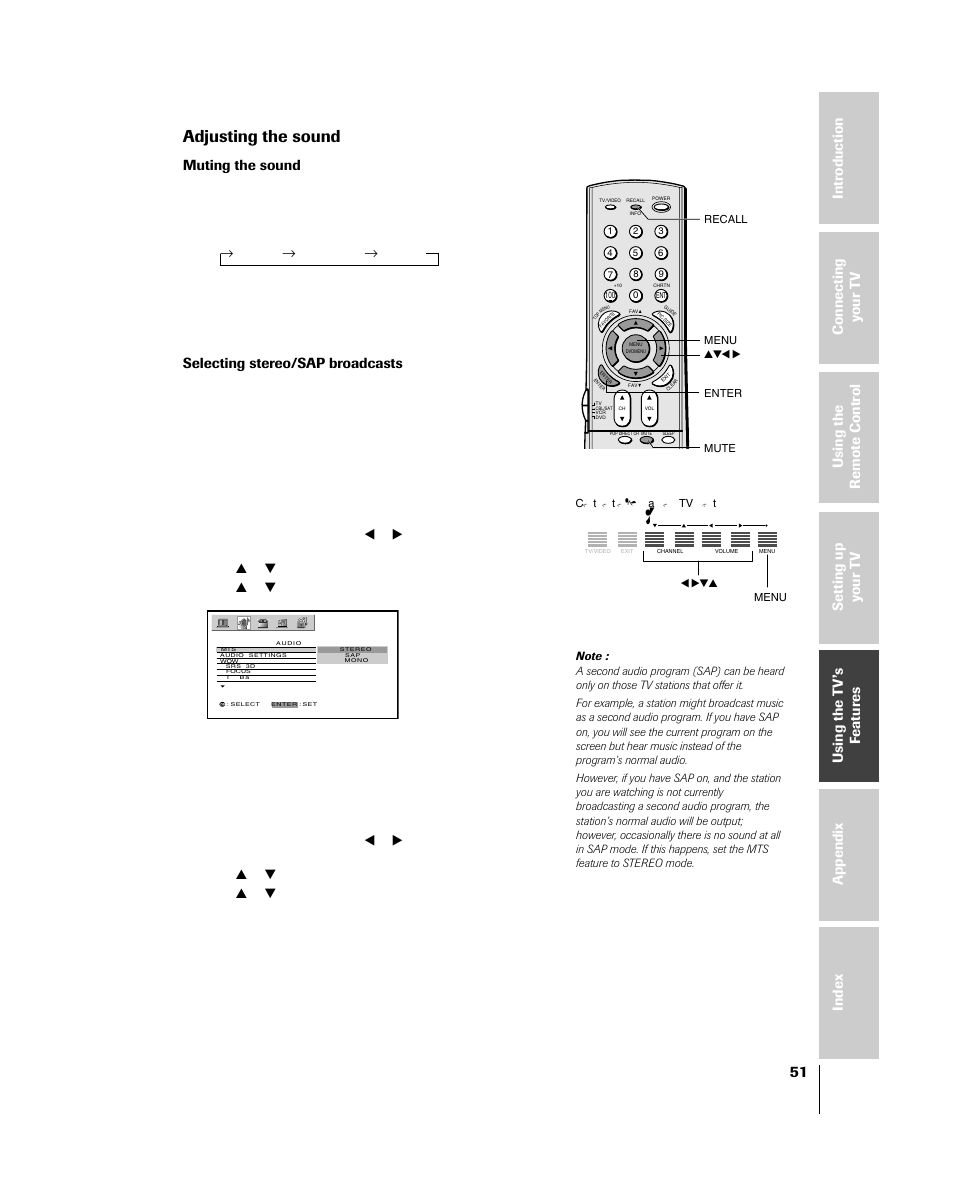 Adjusting the sound, Muting the sound, Selecting stereo/sap broadcasts | Toshiba 46HM84 User Manual | Page 51 / 71