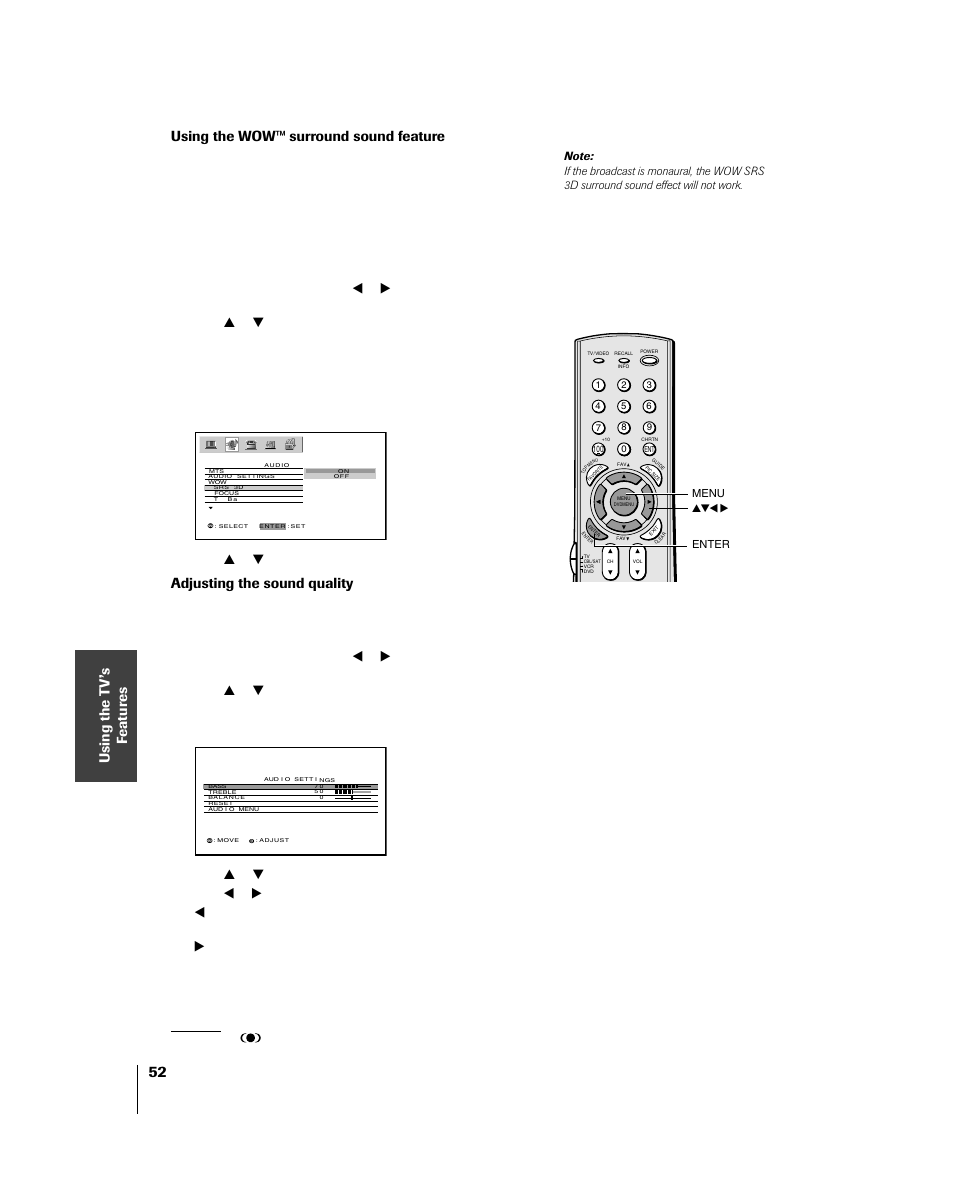 Using the wow™ surround sound feature, Adjusting the sound quality, Press y or z to adjust the item, then press enter | Toshiba 46HM84 User Manual | Page 52 / 71