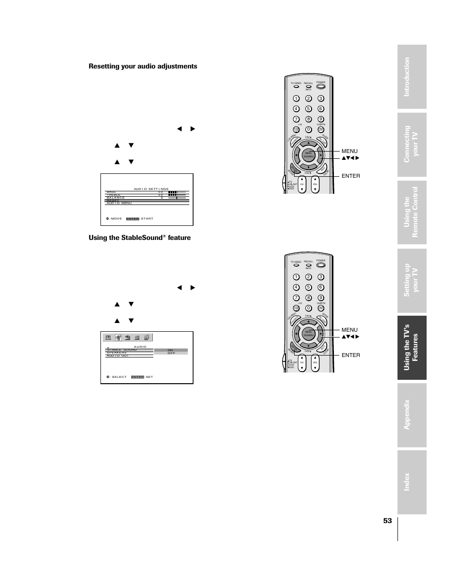 Resetting your audio adjustments, Using the stablesound, Feature | Yzx • menu, Yzx • menu enter enter | Toshiba 46HM84 User Manual | Page 53 / 71