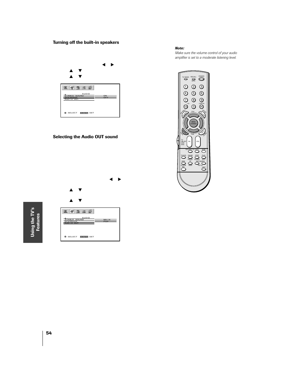 Turning off the built-in speakers, Selecting the audio out sound | Toshiba 46HM84 User Manual | Page 54 / 71