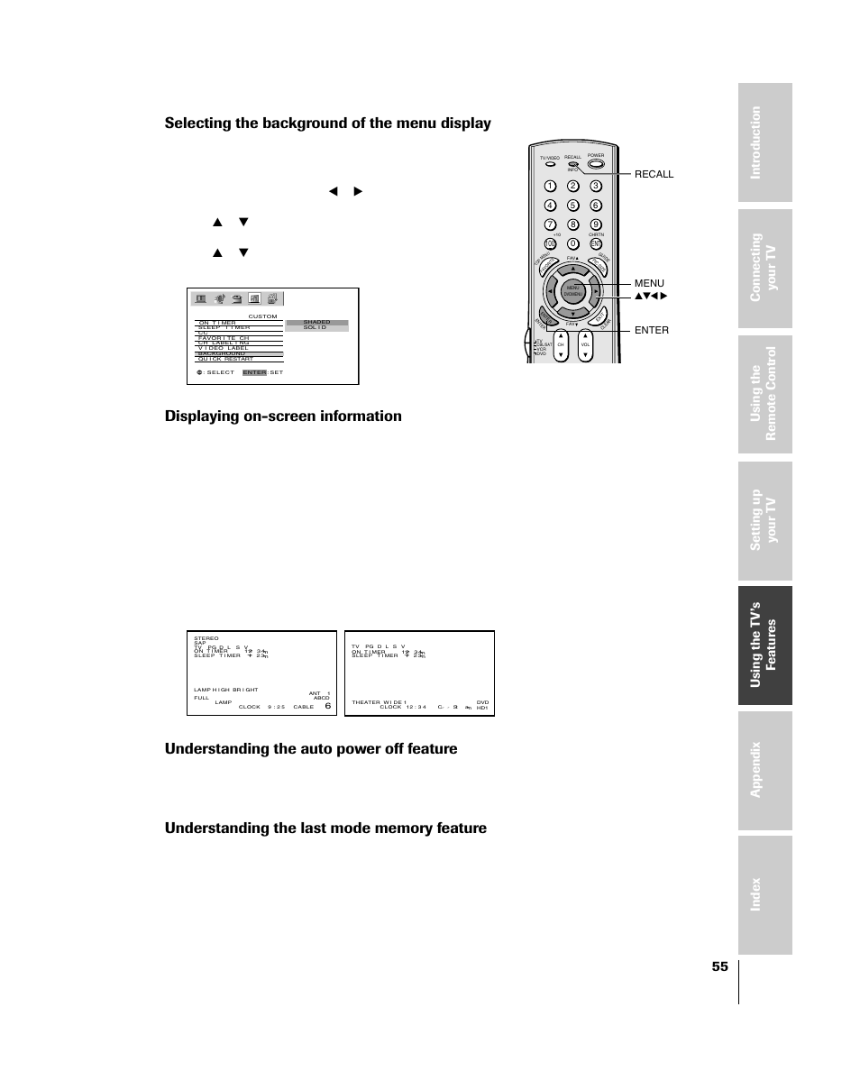 Selecting the background of the menu display, Displaying on-screen information, Auto power off feature | Last mode memory feature, Understanding the auto power off feature, Yzx • menu recall, Enter | Toshiba 46HM84 User Manual | Page 55 / 71