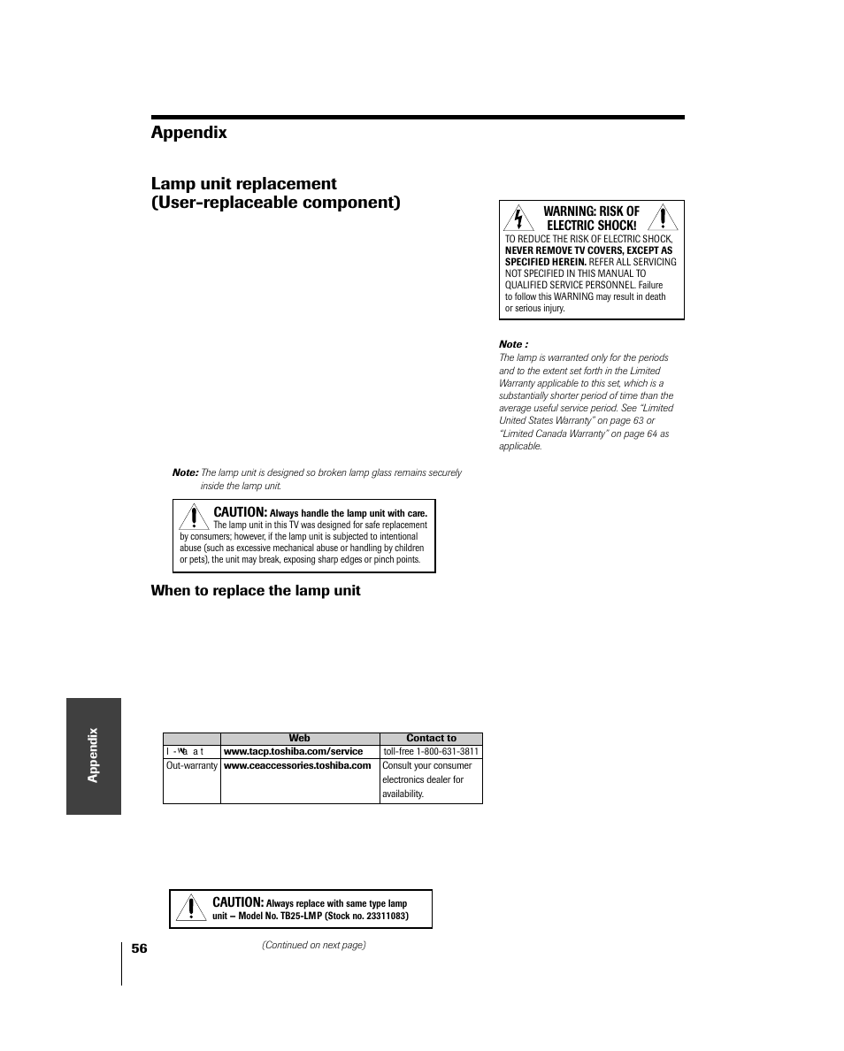 Lamp unit replacement, When to replace the lamp unit | Toshiba 46HM84 User Manual | Page 56 / 71