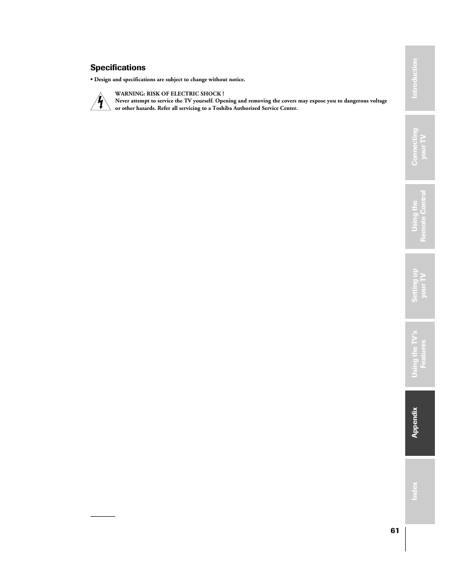 Specs, Specifications | Toshiba 46HM84 User Manual | Page 61 / 71