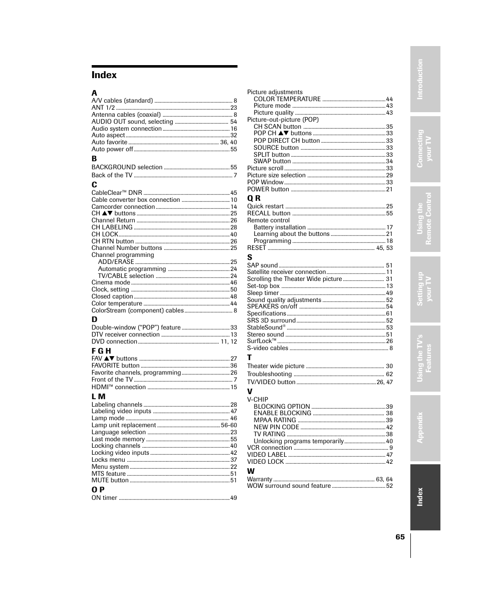 Index | Toshiba 46HM84 User Manual | Page 65 / 71