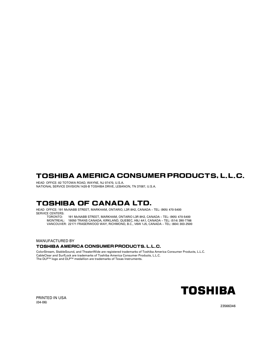 Toshiba 46HM84 User Manual | Page 66 / 71