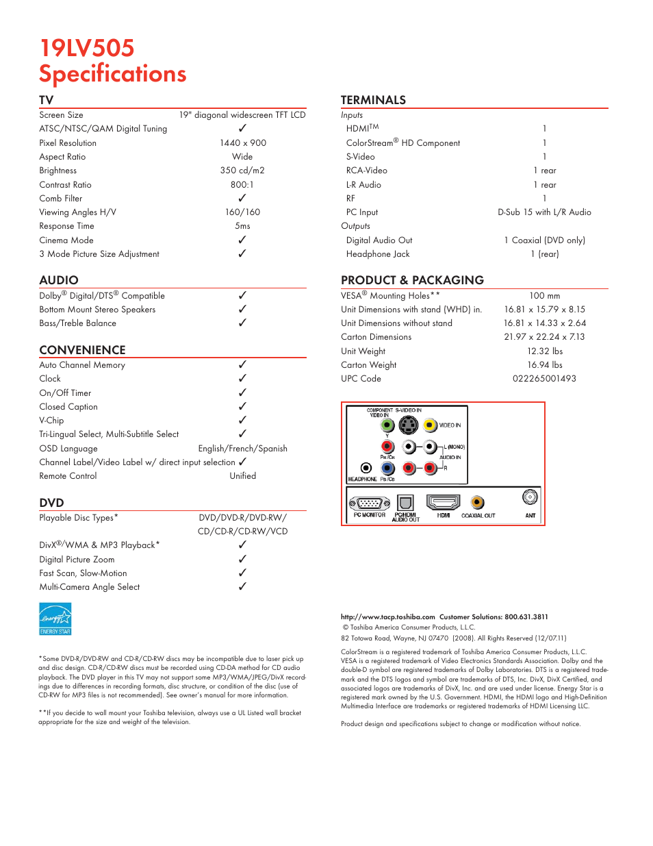 Audio, Convenience, Terminals | Product & packaging | Toshiba 19LV505 User Manual | Page 2 / 2