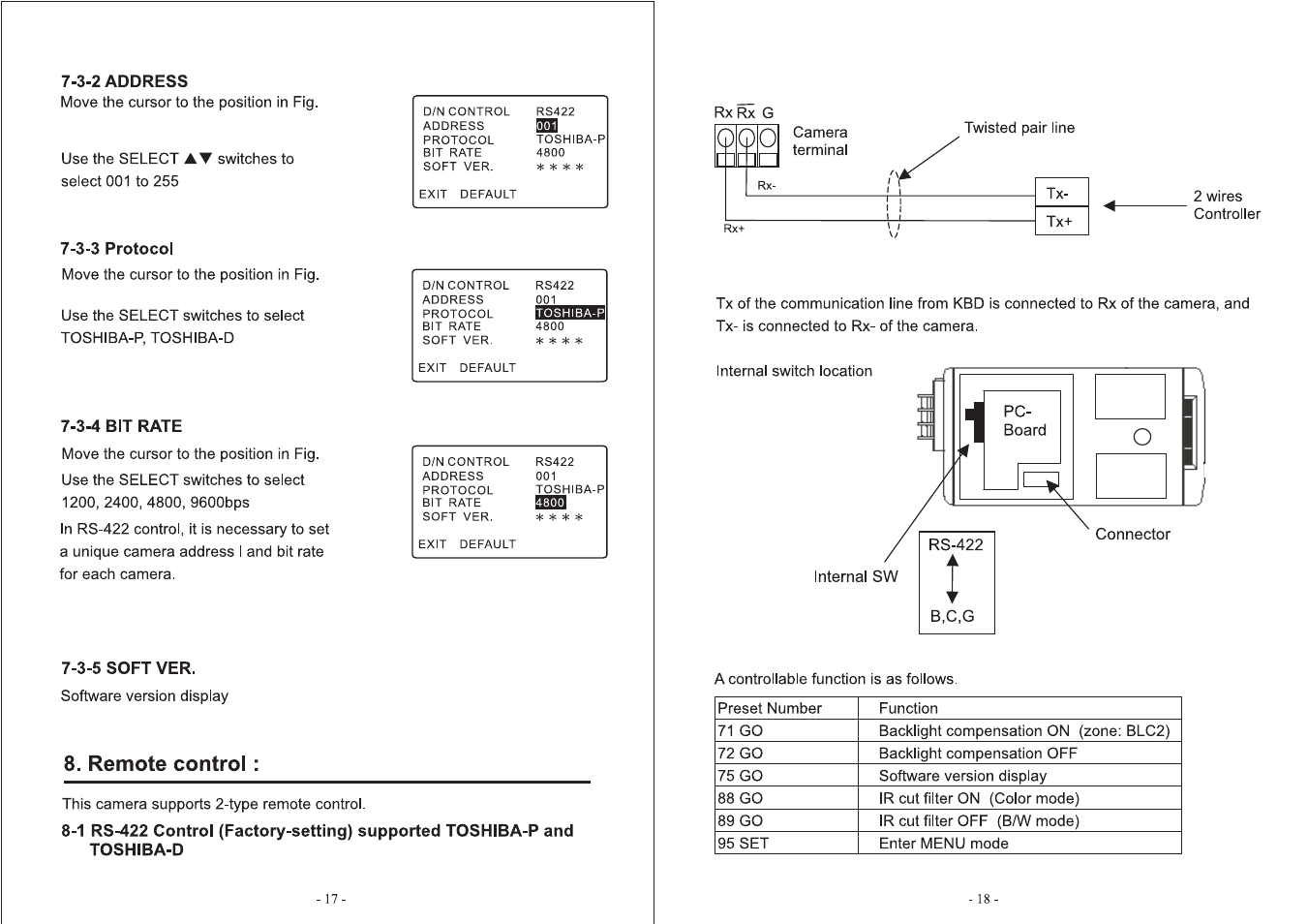 3-3 protocol, 3-4 bit rate, 3-5 soft ver | Remote control, Remote controi | Toshiba IK-64DNA User Manual | Page 10 / 14