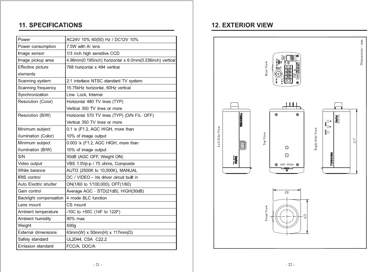 Specifications, Exterior view, Specifications i | Toshiba IK-64DNA User Manual | Page 12 / 14