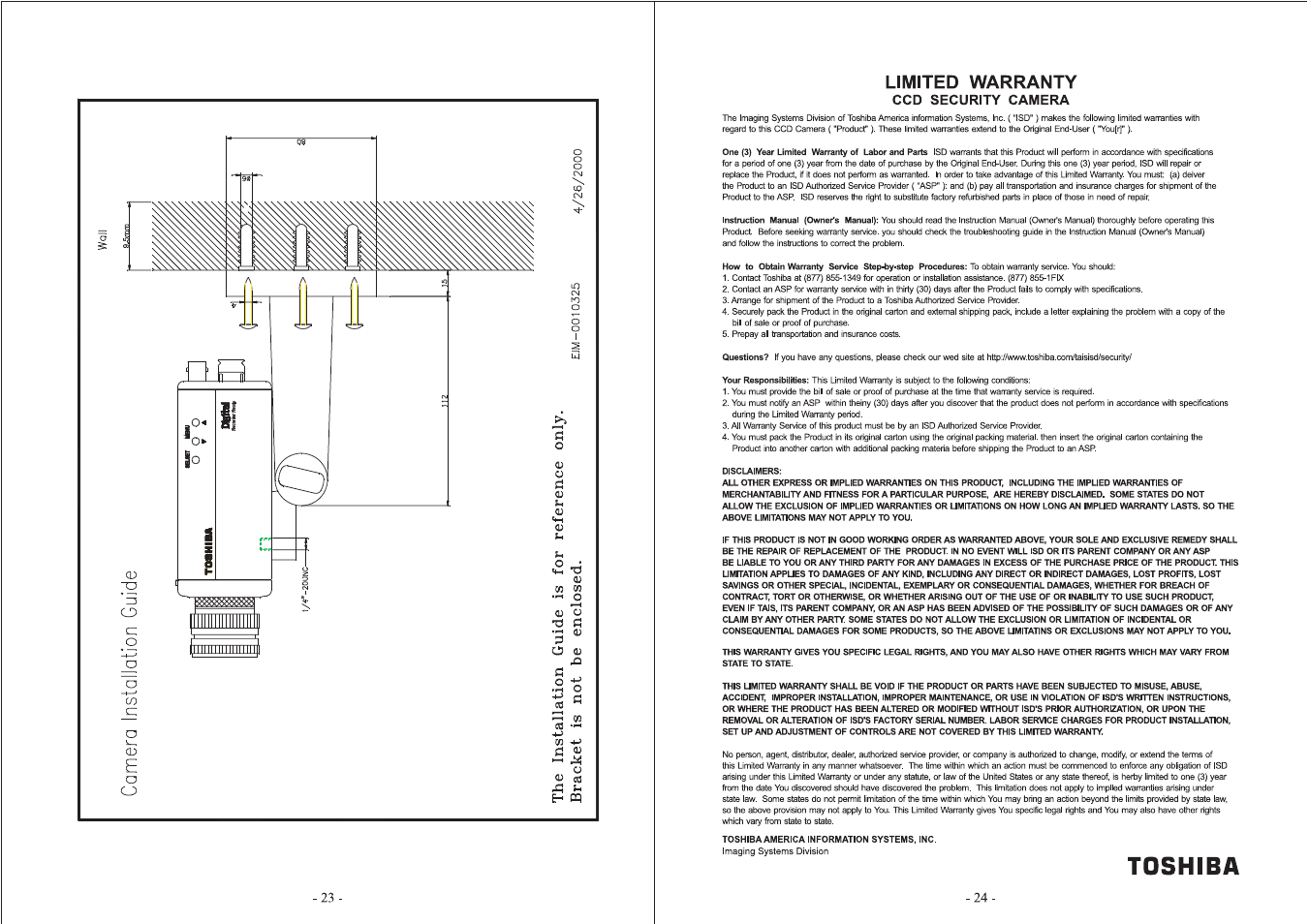 Limited warranty, Toshiba, Ccd security camera | Toshiba IK-64DNA User Manual | Page 13 / 14