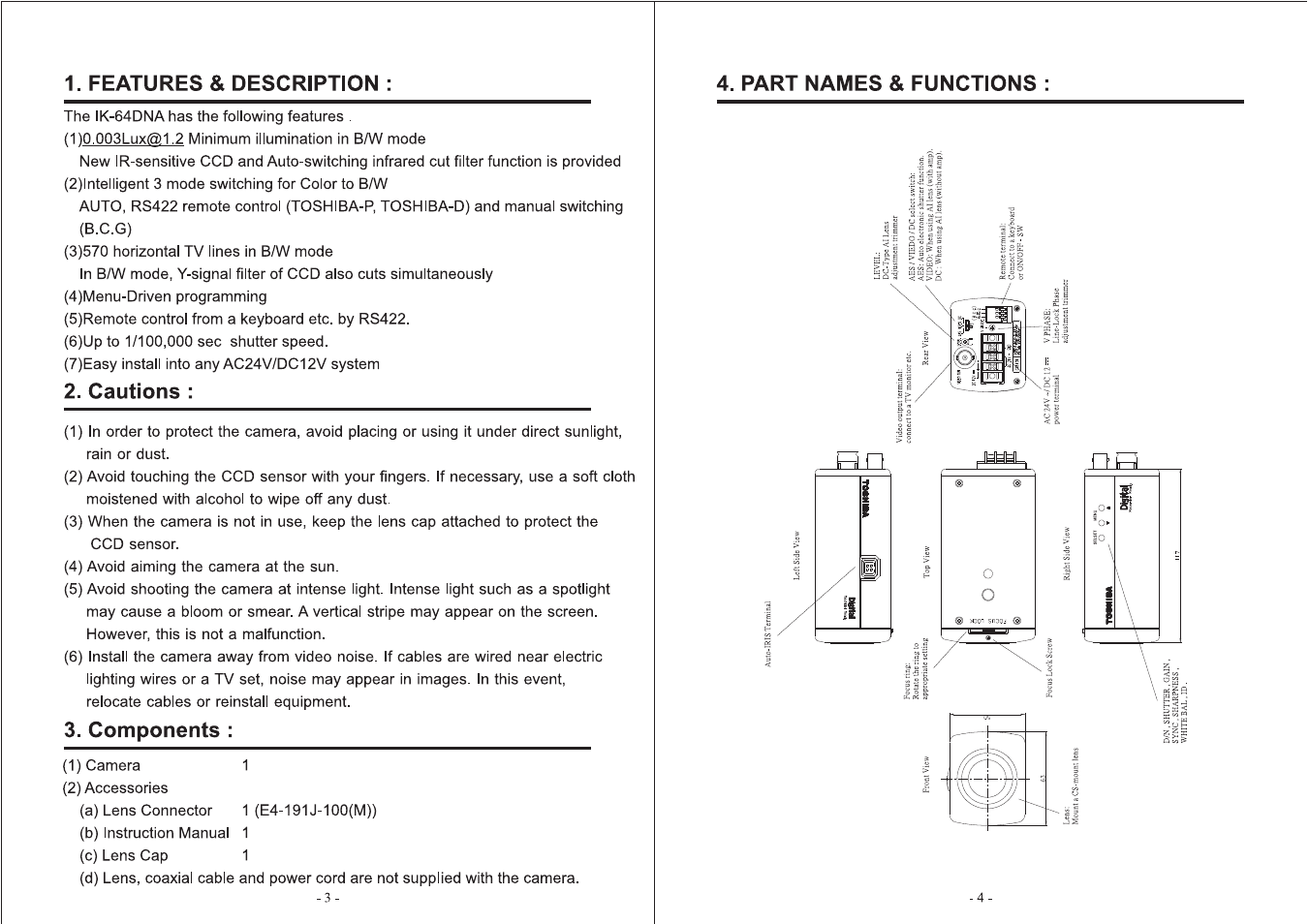 Features & description, Cautions, Components | Part names & functions, Features & descriptions, Part name & functions | Toshiba IK-64DNA User Manual | Page 3 / 14