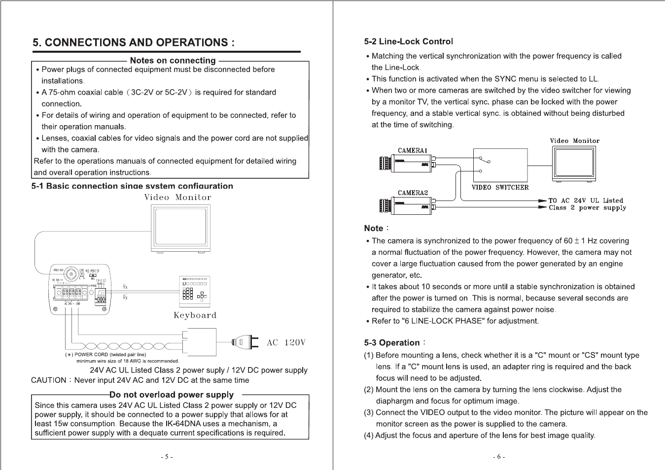 Connections and operations, Notes on connecting, 1 basic connection since system confiouration | Do not overload power supply, 2 line-lock control, Note, 3 operation | Toshiba IK-64DNA User Manual | Page 4 / 14