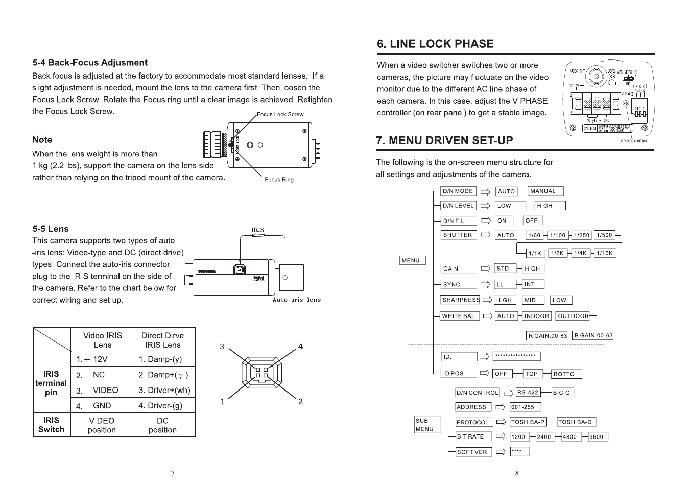 4 back-focus adjusment, Note, 5 lens | Line lock phase, Menu driven set-up, Line-lock phase, Menu-driven set-up | Toshiba IK-64DNA User Manual | Page 5 / 14