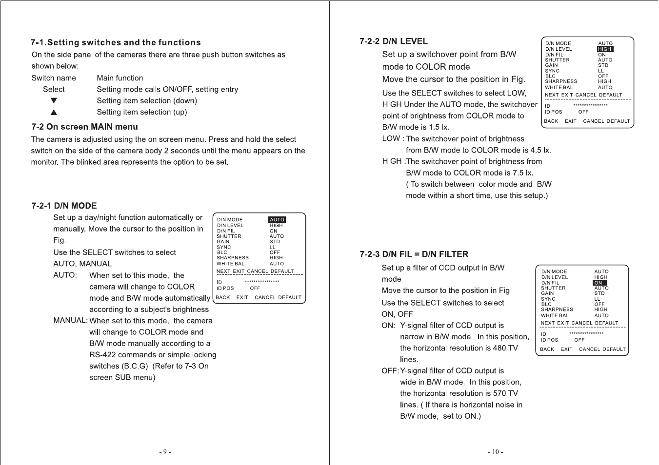 1 .setting switches and the functions, 2 on screen main menu, 2-1 d/n mode | 2-2 d/n level, 2-3 d/n fil = d/n filter | Toshiba IK-64DNA User Manual | Page 6 / 14