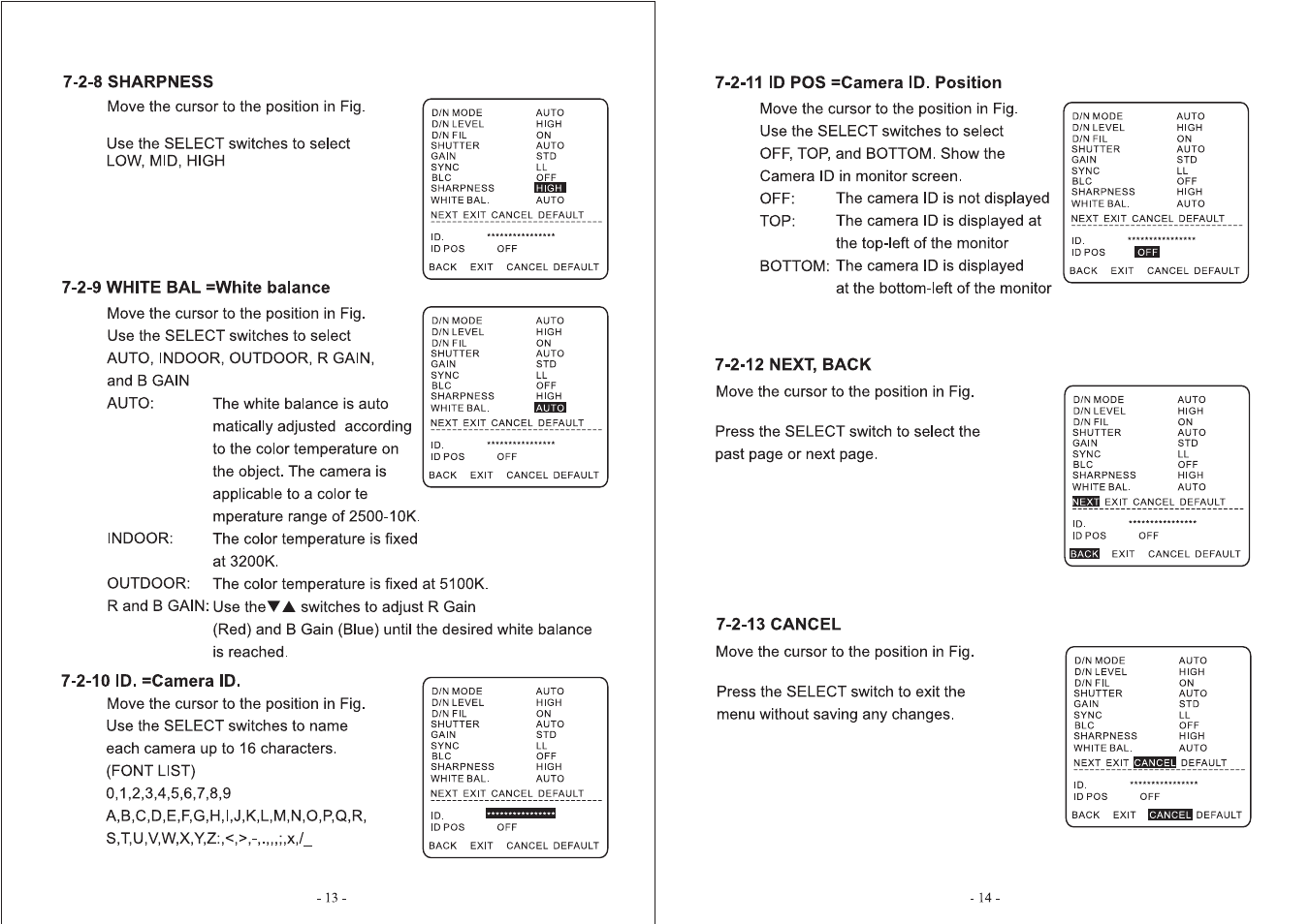 2-11 id pos =camera id. position, 2-12 next, back, 2-13 cancel | 2-8 sharpness, 2-9 white bal =white balance, 2-10 id. =camera id, Use the select switches to seiect low, mid, high, Move the cursor to the position in fig, L!im!l | Toshiba IK-64DNA User Manual | Page 8 / 14