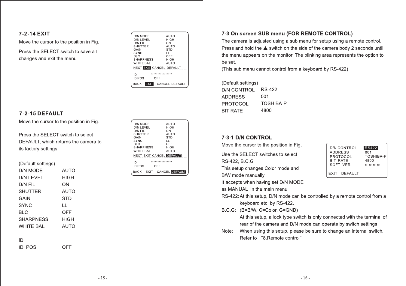 3 on screen sub menu (for remote control), 3-1 d/n control | Toshiba IK-64DNA User Manual | Page 9 / 14