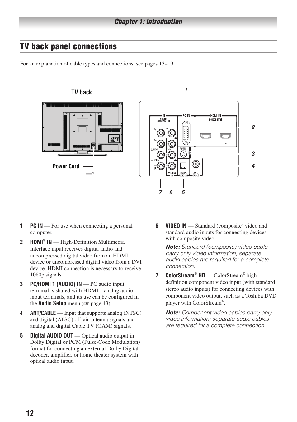 Tv back panel connections, Chapter 1: introduction | Toshiba 32C110U User Manual | Page 12 / 62