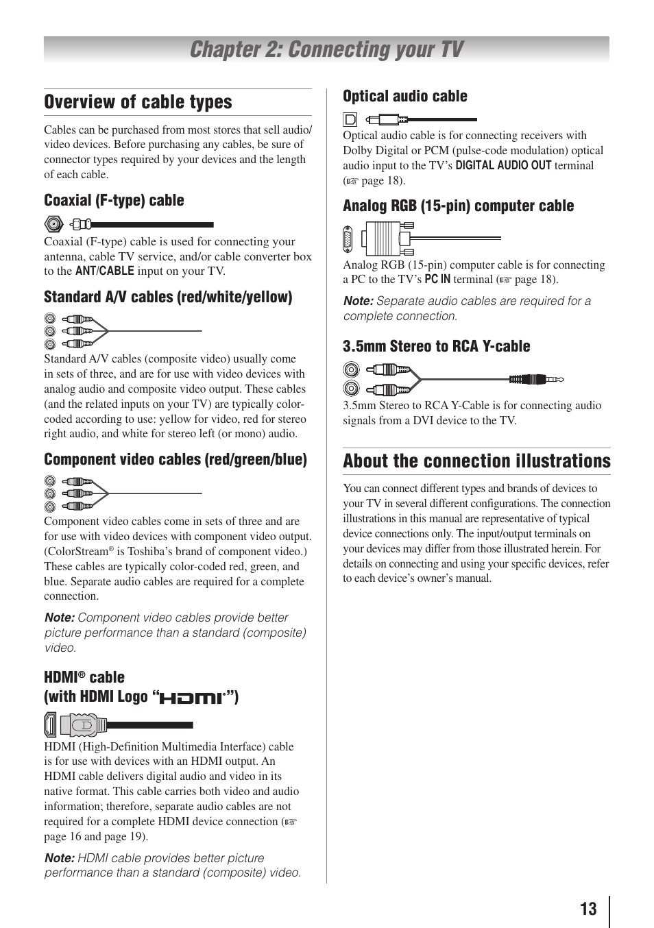 Chapter 2: connecting your tv, Overview of cable types, About the connection illustrations | Toshiba 32C110U User Manual | Page 13 / 62