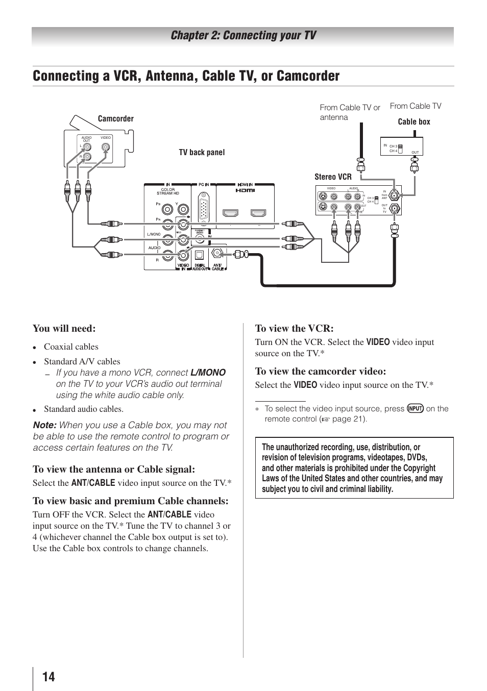 Connecting a vcr, antenna, cable tv, or camcorder, Chapter 2: connecting your tv, You will need | Coaxial cables, Select the ant/cable video input source on the tv, Select the video video input source on the tv | Toshiba 32C110U User Manual | Page 14 / 62